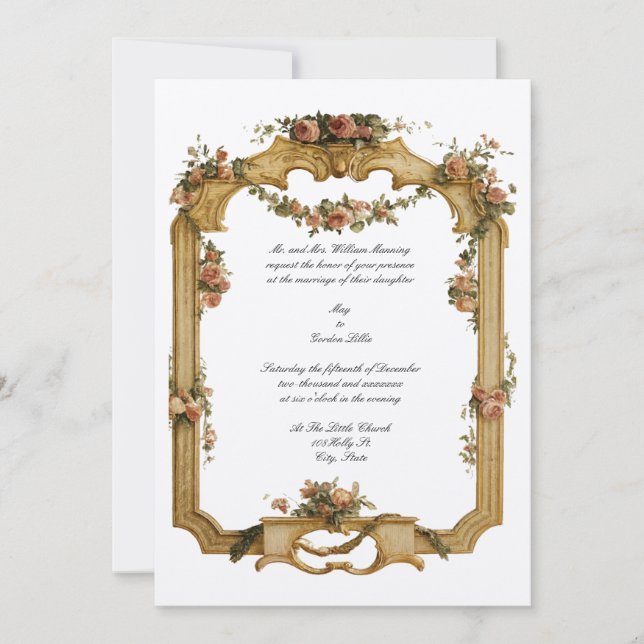 Invitation Baroque Rococo Fleurs et Fruits Couleur Mariage (Devant)