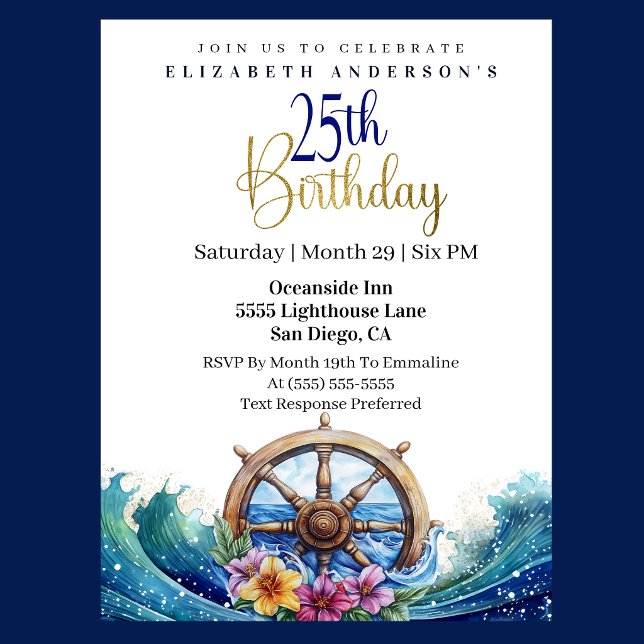 Invitation Barre à roue de voilier 25e anniversaire (Nautical sailing wheel 25th birthday invitation with ocean waves and tropical flowers
)
