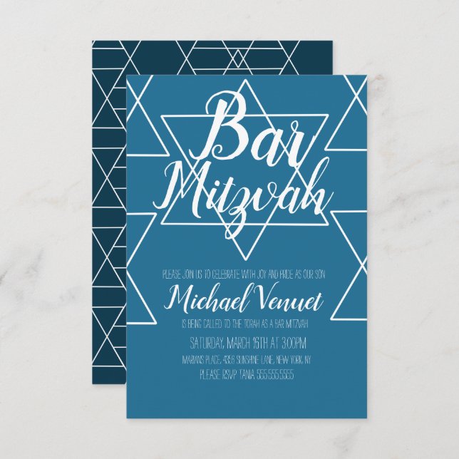 Invitation Barre blanche bleu géométrique Mitzvah (Devant / Derrière)
