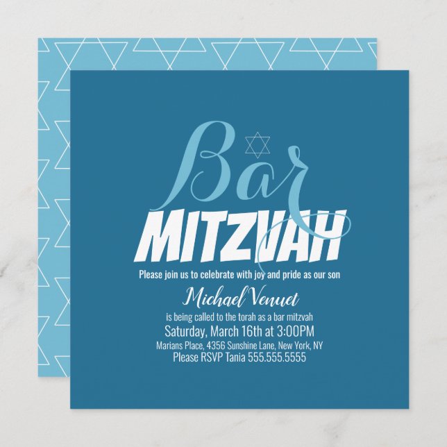Invitation Barre blanche géométrique bleu Mitzvah (Devant / Derrière)