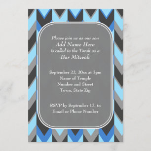 Invitation Barre bleue et grise Mitzvah de motif de Chevron
