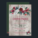 Invitation Barre Bois Bourgogne Vert Soirée de Noël<br><div class="desc">Ferme rustique traditionnelle style hiver floral Noël dîner modèle invité sur vintage grise grise grange bois arrière - plan avec bouquets rose bordeaux et blancs pivoines avec chasseur saisonnier et branches de sapin vert pin, baies rouges et feuillage. L'invitation est adaptée aux fêtes de Noël de la famille de Noël...</div>