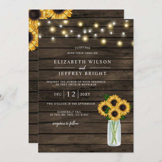 Invitation Barre Bois Chaîne Lumières Mariage (Devant / Derrière)