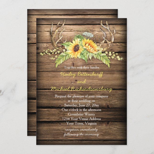 Invitation Barre Bois Tournesols Antlers avec Mariage RSVP (Devant / Derrière)