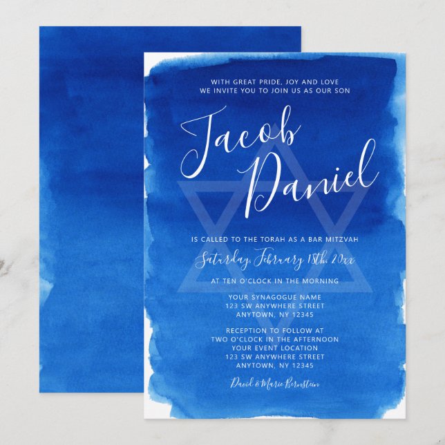 Invitation Barre d'aquarelle bleu Mitzvah (Devant / Derrière)