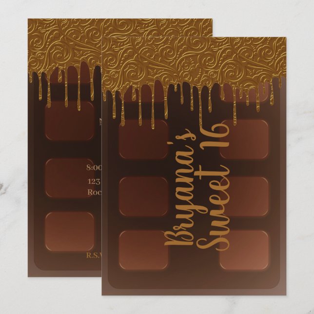 Invitation Barre de chocolat Gold Drip pour fête Sweet 16 (Devant / Derrière)