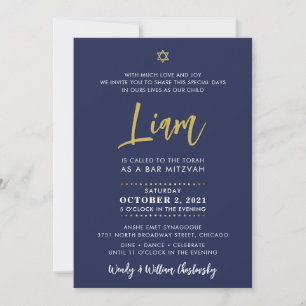 Invitation BARRE DE SCRIPT MITZVAH lettrage or bleu marine