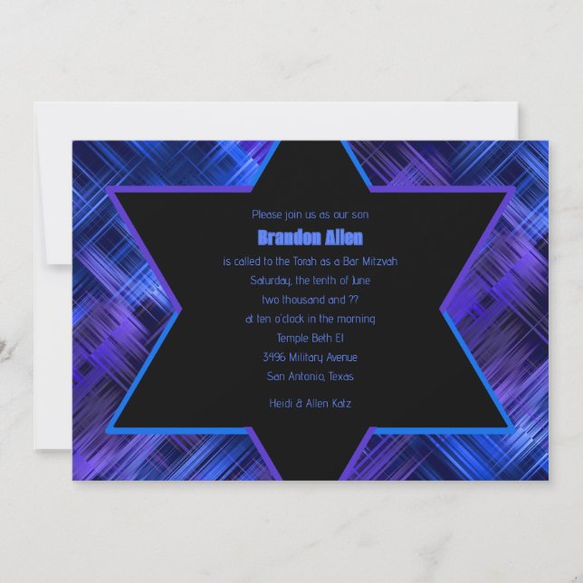 Invitation Barre Mitzvah bleu et violet Abstrait plaid (Devant)