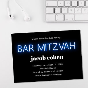 Invitation Barre Mitzvah Bleu Lumières Néon Enregistrer La Da