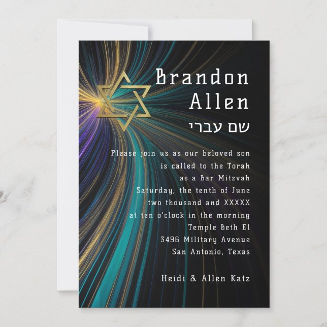 Invitation Barre Mitzvah Blue et Gold Rays (Devant)