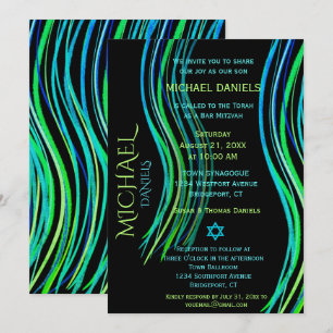 Invitation Barre Mitzvah Blue Neon Green Prayer Shawl