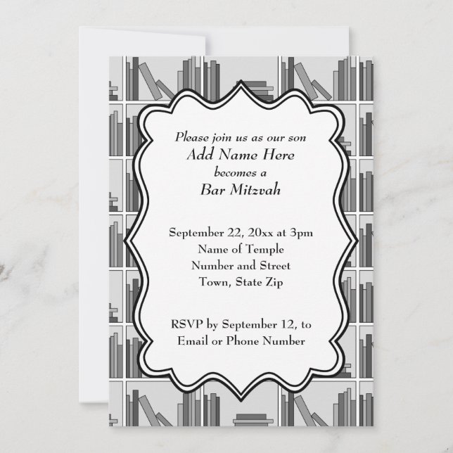 Invitation Barre Mitzvah de conception d'étagères à livres (Devant)