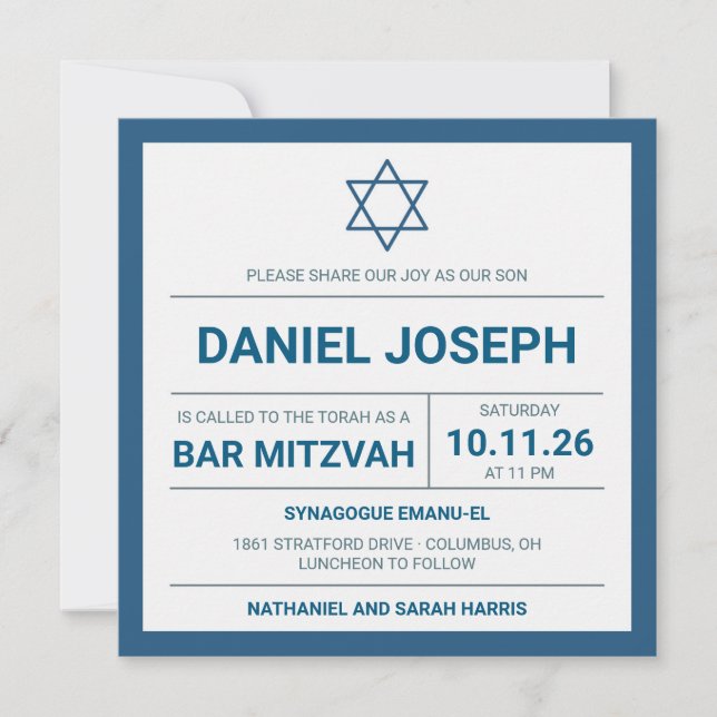 Invitation Barre Mitzvah en bleu étoile juive (Devant)