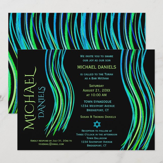 Invitation Barre Mitzvah Prière châle brillant néon vert (Devant / Derrière)