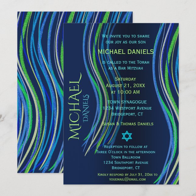 Invitation Barre Mitzvah Shawl de prière bleue et verte (Devant / Derrière)