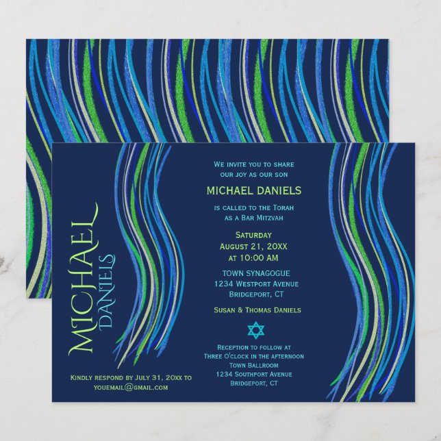 Invitation Barre Mitzvah Shawl de prière bleue et verte (Devant / Derrière)