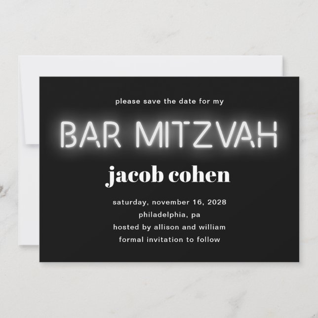 Invitation Barre Mitzvah White Neon Lights Enregistrer La Dat (Devant)