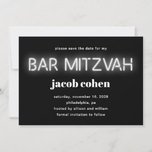 Invitation Barre Mitzvah White Neon Lights Enregistrer La Dat