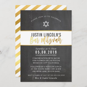 Invitation BARRE MODERNE MITZVAH cool en damier en or écritur
