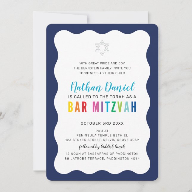 Invitation BARRE MODERNE MITZVAH couleurs arc-en-ciel bleu bo (Devant)