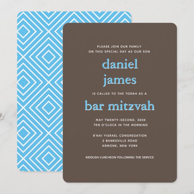 Invitation Barre moderne Mitzvah Typographie Bleu Brown (Devant / Derrière)