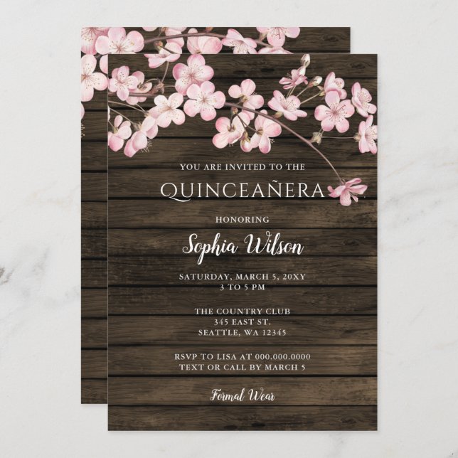 Invitation Barre Sakura Fleurs de cerisiers roses Quinceañera (Devant / Derrière)