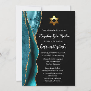 Invitation Barre Turquoise bleu noir et or Mitzvah