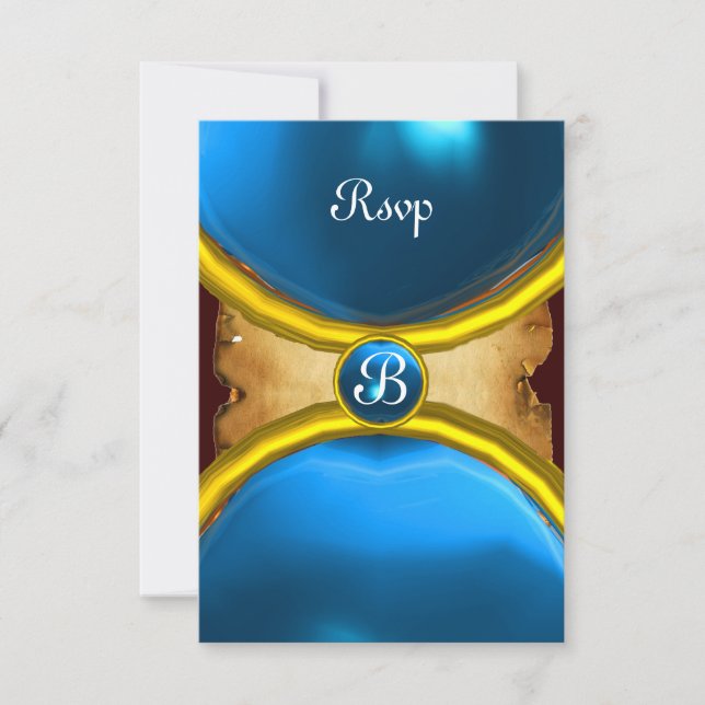 Invitation BARRES MAGIQUES, Parchemin MONOGRAM rsvp gem bleu (Devant)