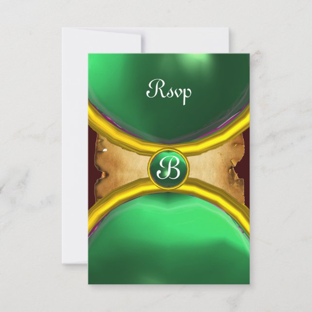 Invitation BARRES MAGIQUES, Parchemin MONOGRAM rsvp gem vert (Devant)