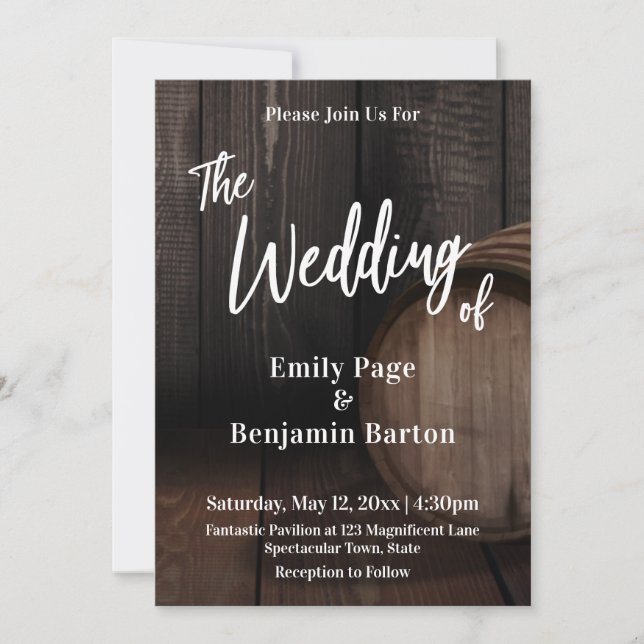 Invitation Barrique de vin en bois Mariage de l'écriture manu (Devant)