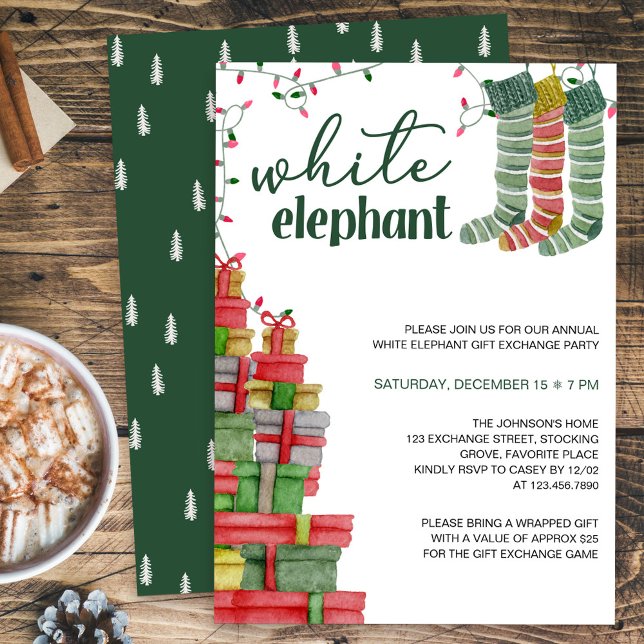 Invitation Bas Eléphants blancs et présente des vacances (White Elephant Holiday Gift Exchange Party Invitation)