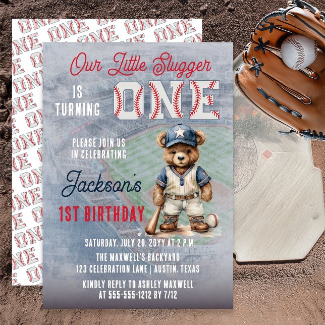 Invitation Baseball 1st Birthday Teddy Bear Little Slugger  (Baseball 1st Birthday Teddy Bear Little Slugger Invitation - Print | Digital Download)