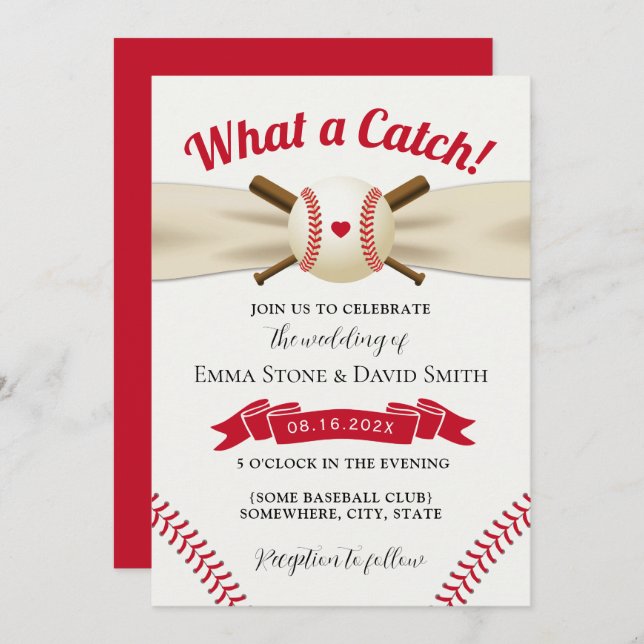 Invitation Baseball Amour Élégant Mariage sportif Rouge (Devant / Derrière)