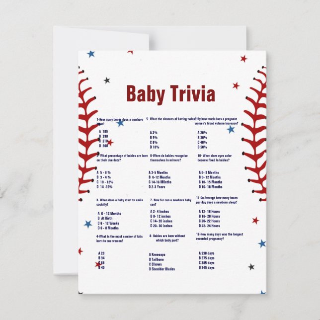Invitation Baseball baby trivia game baby shower game Card (Devant)