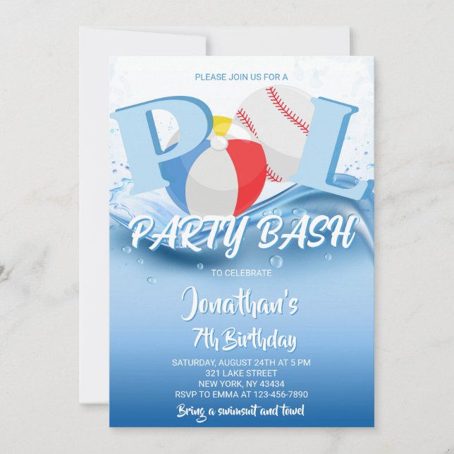 Invitation Baseball Beach Ball Pool Party Bash Anniversaire (Devant)