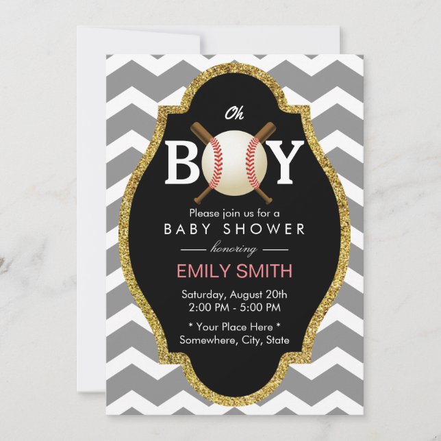 Invitation Baseball Boy Chevron Stripes Baby shower Sports (Devant)
