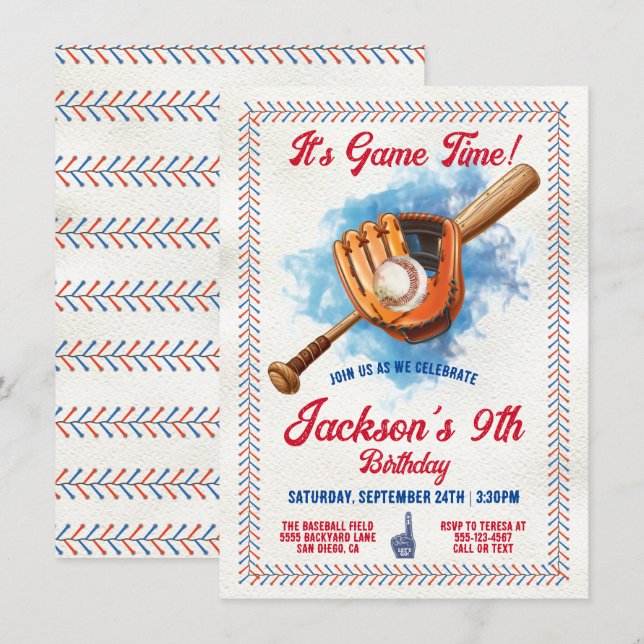 Invitation Baseball couture fête d'anniversaire (Devant / Derrière)