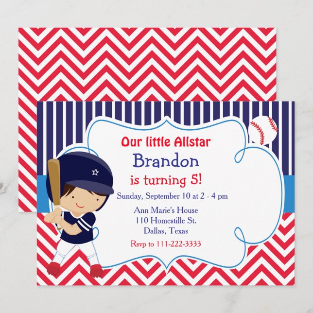 Invitation Baseball Cute Brunette Boy Fête d'anniversaire (Devant / Derrière)