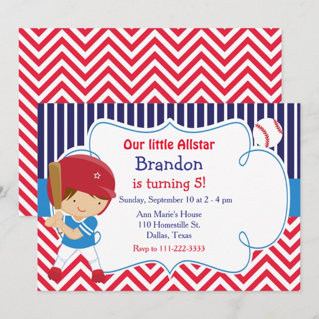 Invitation Baseball Cute Brunette Boy Fête d'anniversaire (Devant / Derrière)