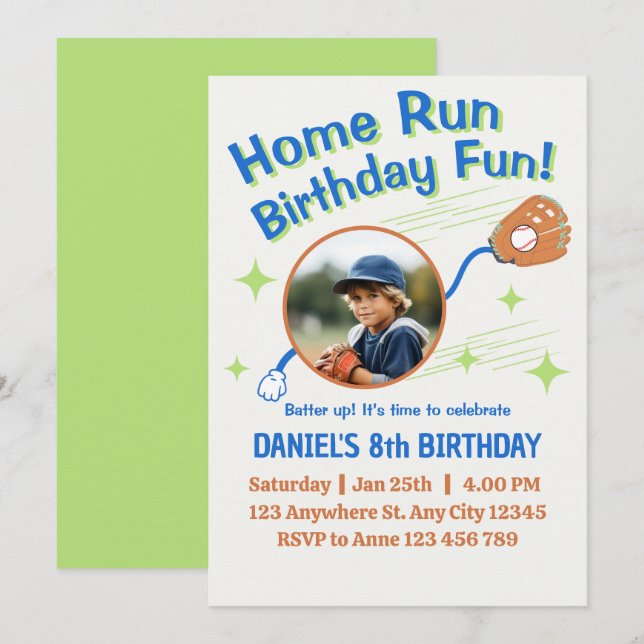 Invitation Baseball d'anniversaire Home Run pour les enfants (Devant / Derrière)
