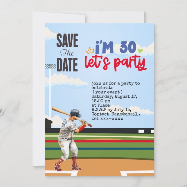 Invitation Baseball enregistrer la date 30e fête d'anniversai (Devant)
