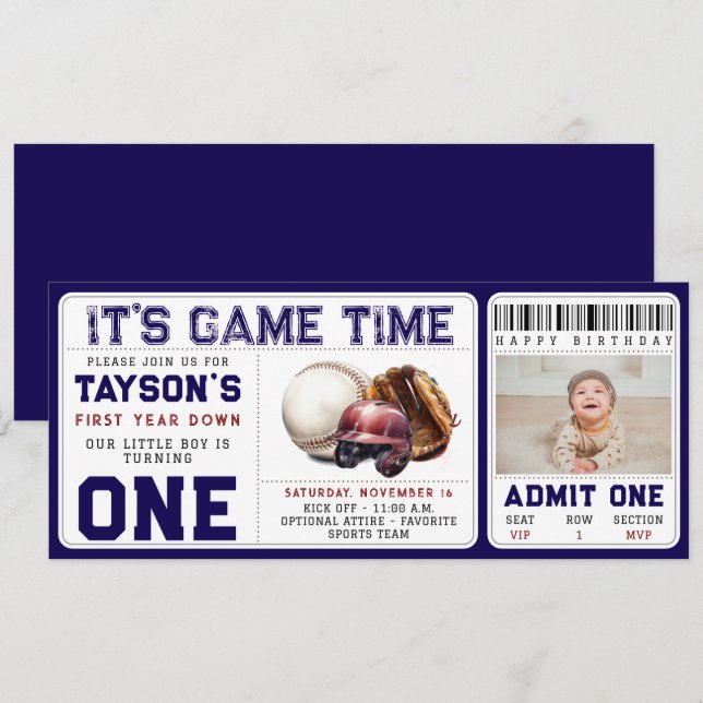 Invitation Baseball First Year Down 1st Birthday Ticket (Devant / Derrière)