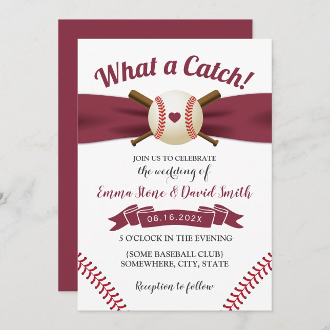 Invitation Baseball Love Burgundy Red Ribbon Sports Mariage (Devant / Derrière)