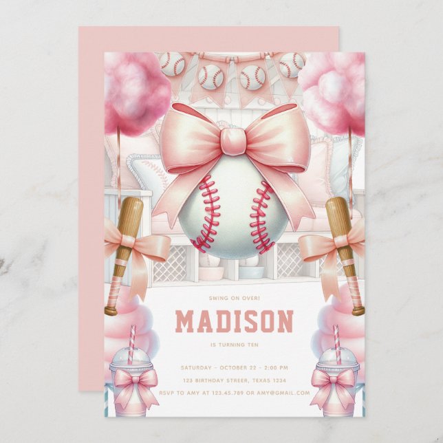 Invitation Baseball Luxury Birthday Girly Sports Theme (Devant / Derrière)