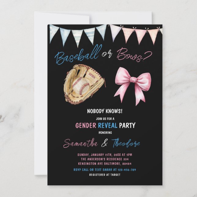 Invitation Baseball ou Bows Boy ou Fille Genre Reveal Party (Devant)