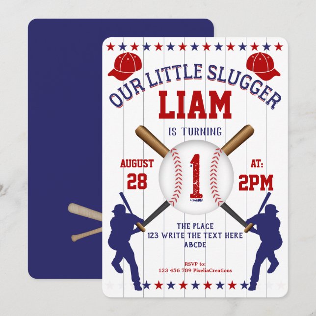 Invitation Baseball, Petit Slugger, Garçon 1er anniversaire (Devant / Derrière)