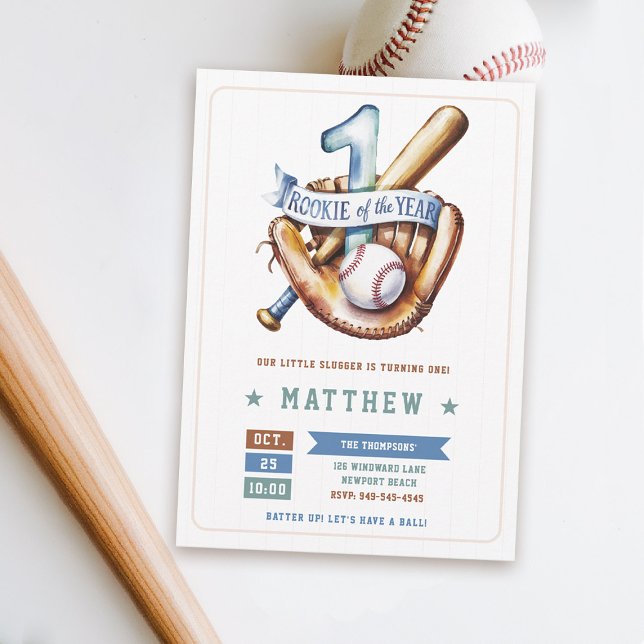 Invitation Baseball Rookie Ball Bat Blue Fun Boy 1er Annivers (rookie of the year 1st birthday invite boy baseball theme sports all star milestone blue green)