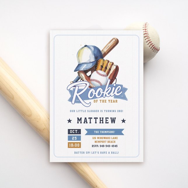 Invitation Baseball Rookie Ball Bat Casquette Blue Boy 1er an (rookie of the year 1st birthday invite boy baseball theme sports all star milestone blue tan brown)