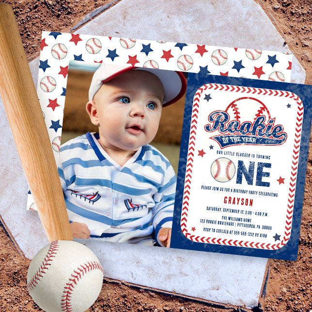 Invitation Baseball Rookie Front Photo 1ère fête d'anniversai (Baseball Rookie of the Year Boy's 1st Birthday Party Photo Invitation)