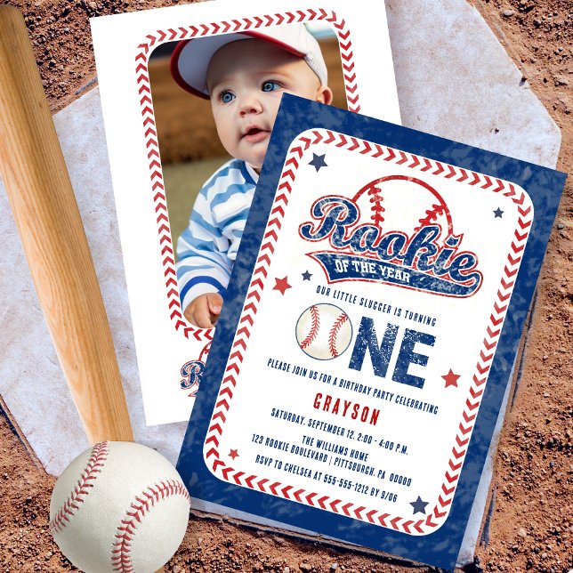 Invitation Baseball Rookie Retour Photo 1ère fête d'anniversa (Baseball Rookie of the Year Boy's 1st Birthday Party Photo Invitation)
